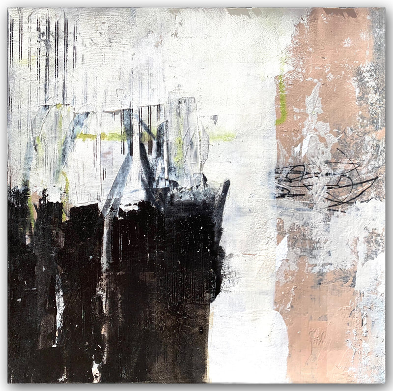 Madeline Garrett urban inspired black & white abstract painting neutral colors tumbleweeds